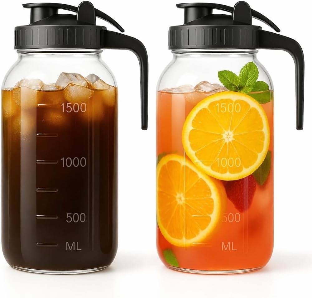 Glass Pitcher with Lid for Tea 64 oz 2 Pack | Mason Jar Cold Brew Pitcher Glass Pitcher with Lid for Tea 64 oz 2 Pack | Mason Jar Cold Brew Pitcher