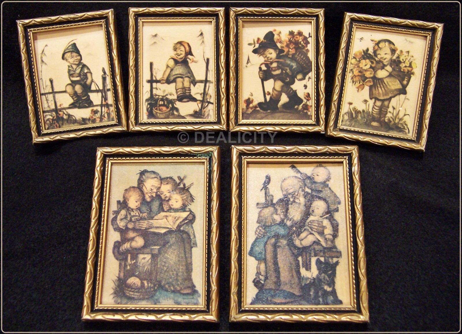 HUMMEL Germany 1950s Grandchildren Wood Framed Wall Plaque Prints SET OF 6 Ⓟ H2