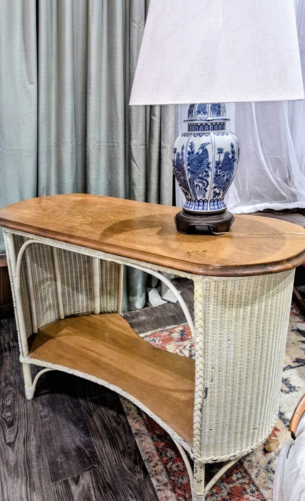 Vintage 1920s Lloyd Loom Wicker Console Table Antique Oak Wood Sofa Entryway