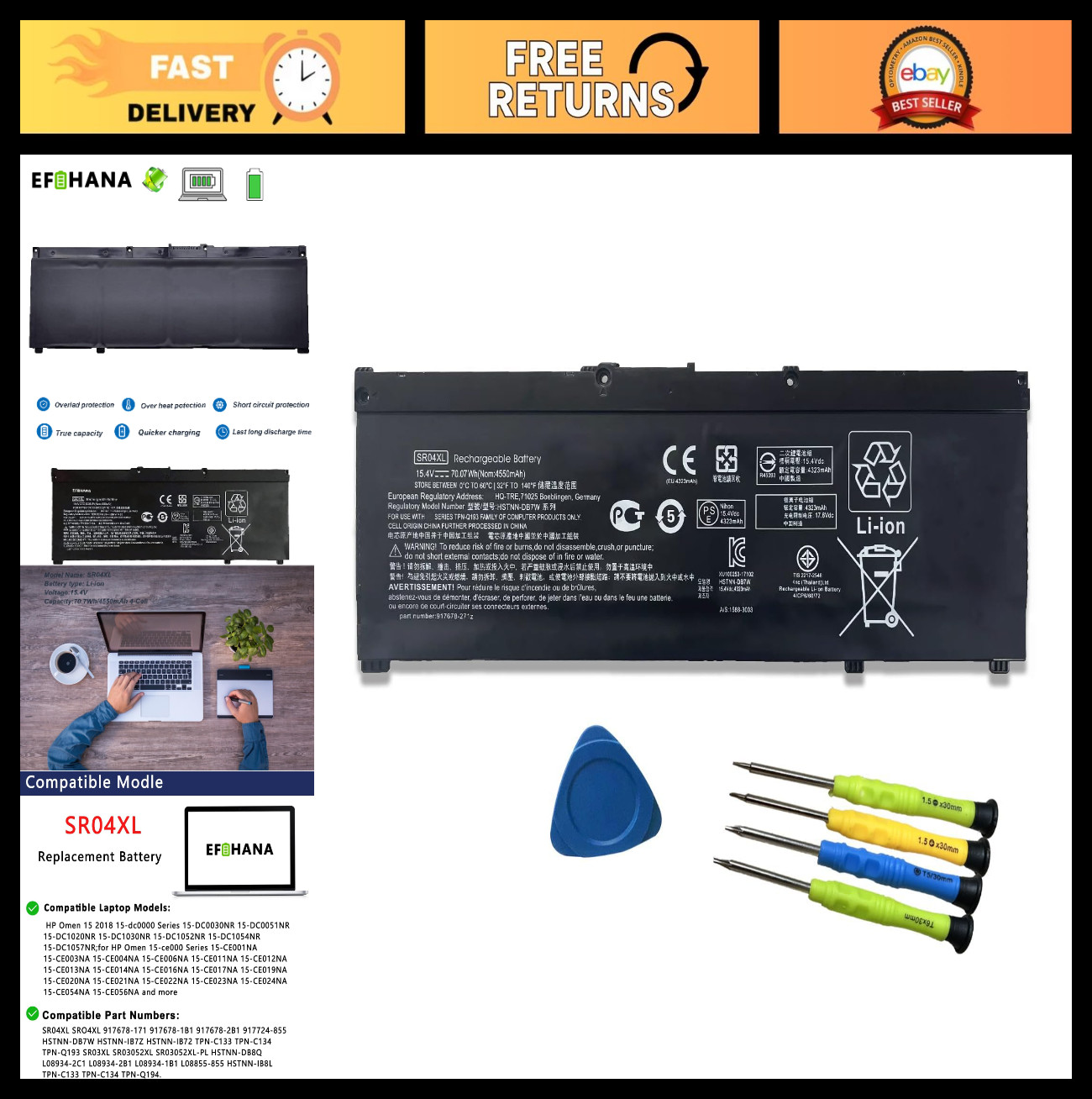 High-Capacity Laptop Battery for HP Omen & Pavilion 15 Series - 70.07Wh, 15.4V High-Capacity Laptop Battery for HP Omen & Pavilion 15 Series - 70.07Wh, 15.4V