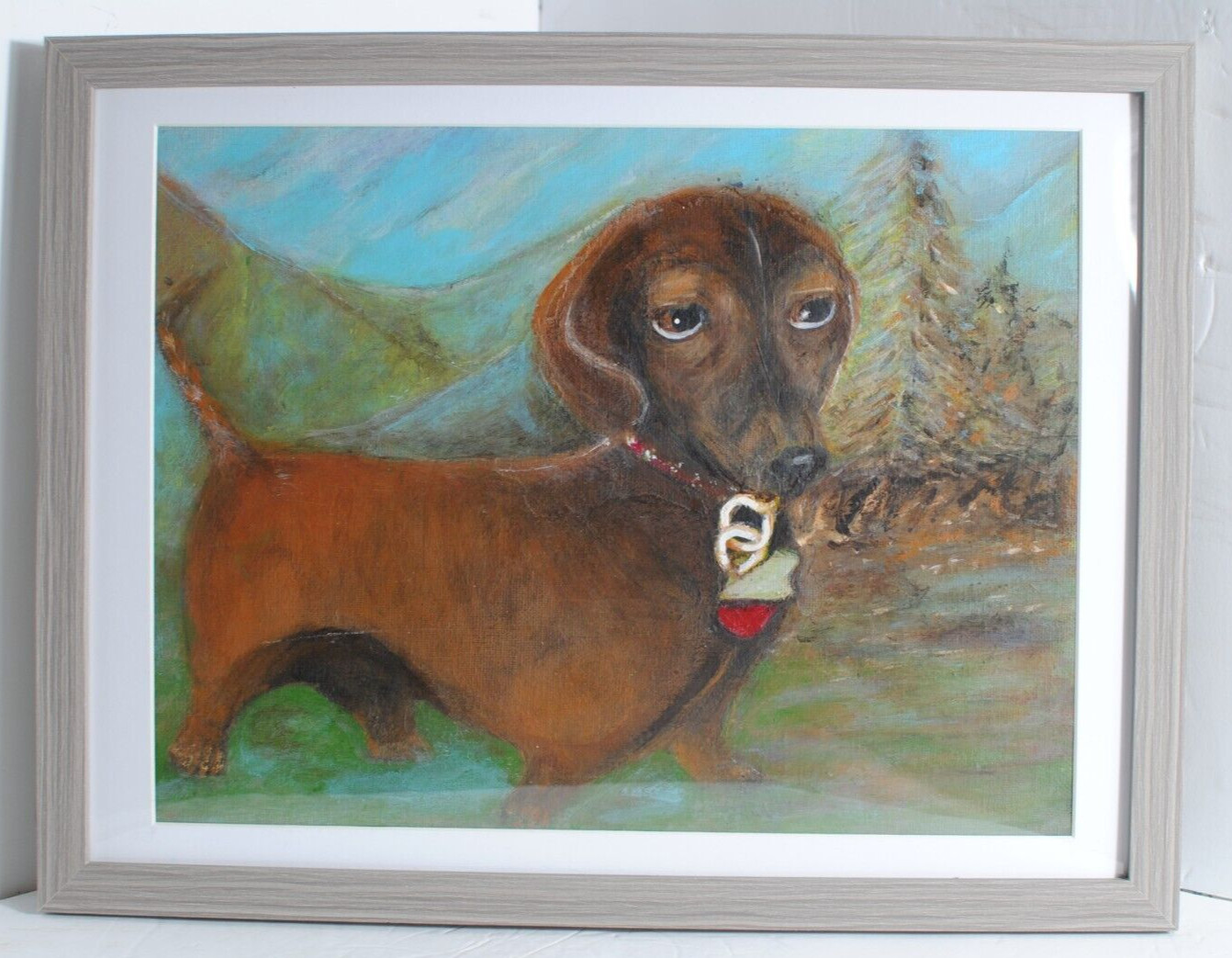 Original Acrylic on Canvas Board Dachshund Dog in the Woods Framed 11\