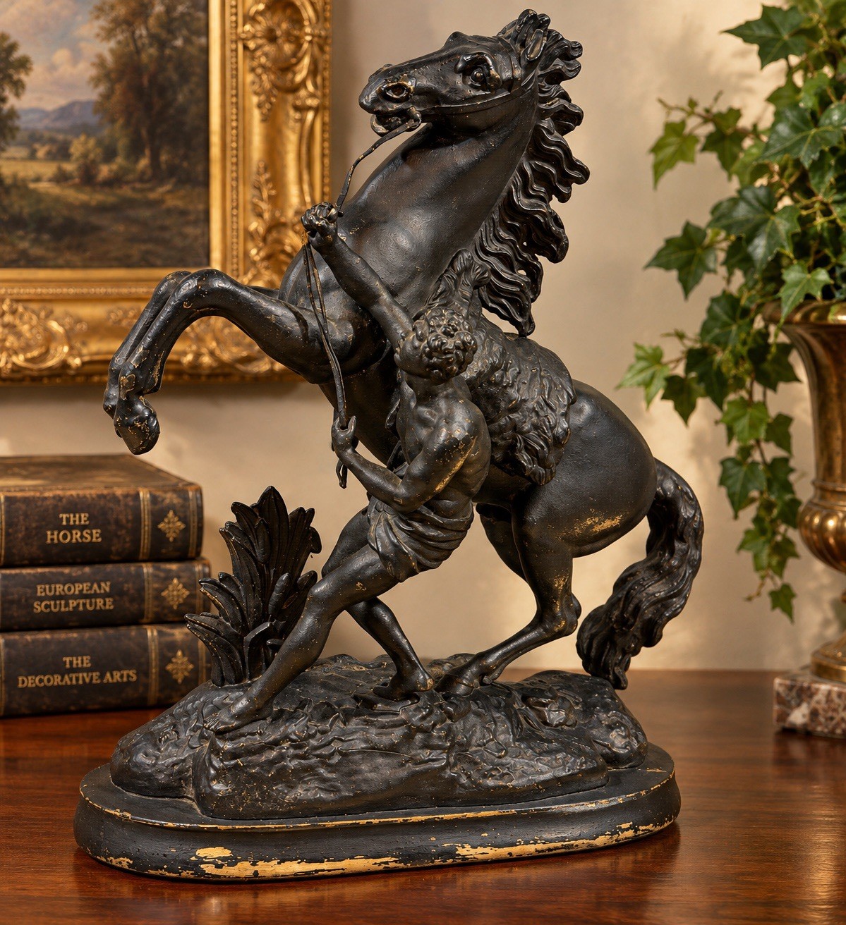 Antique Marly Horse Groom Statue After Coustou Gilt Metal Wood Base c1900