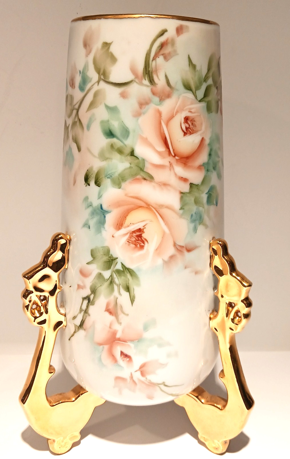 Antique Hand Painted porcelain cylinder Vase Signed Doty Pink Roses Gold Feet Antique Hand Painted porcelain cylinder Vase Signed Doty Pink Roses Gold Feet