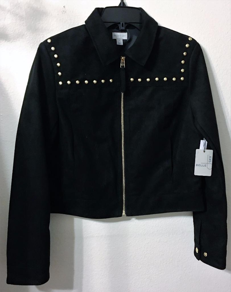 NWT BELLE & SKY BLACK FAUX SUEDE JACKET GOLD STUDDED YOKE ZIPPER Sz M MSRP $100