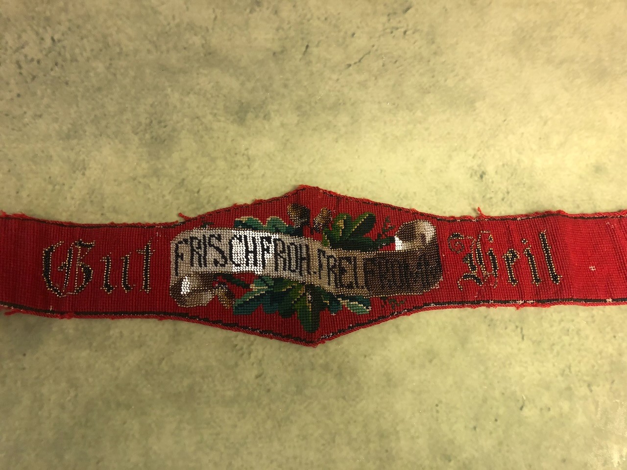 Antique 1900s German Needlepoint Belt Waistband Gut Frisch Froh Traditional Folk