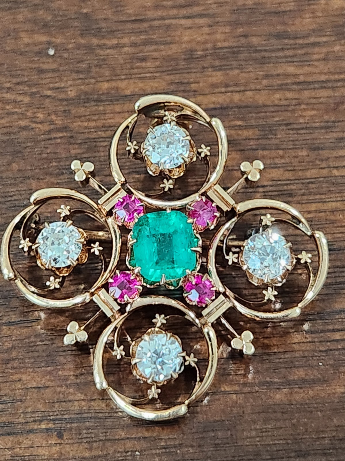 Victorian Era Pendant Brooch Pin 14K Gold Emerald Rubies old mine cut Diamonds Victorian Era Pendant Brooch Pin 14K Gold Emerald Rubies old mine cut Diamonds