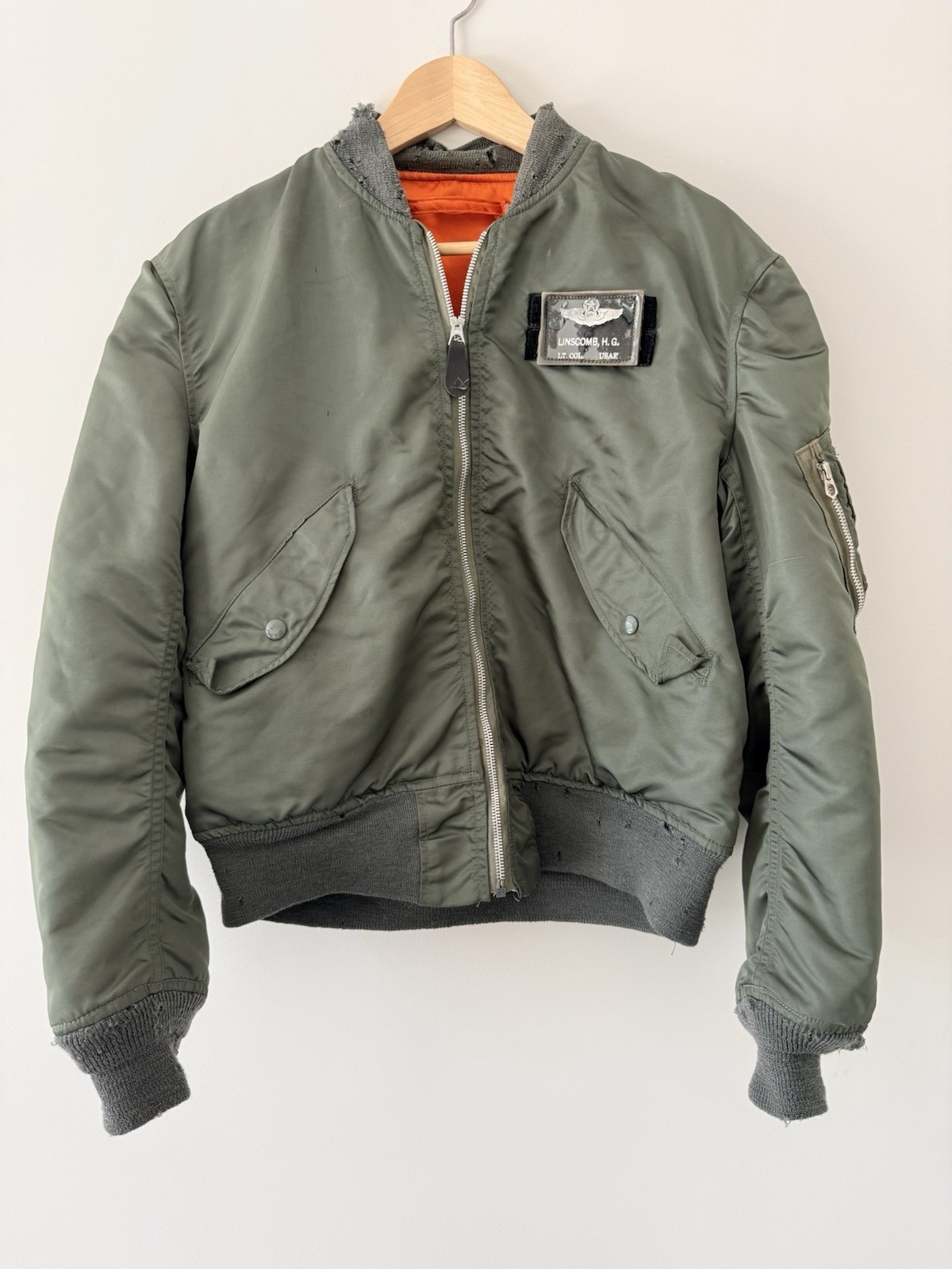 Vintage 1973 USAF MA-1 Flight Jacket Vietnam Bomber Reversible Named Patched 70s