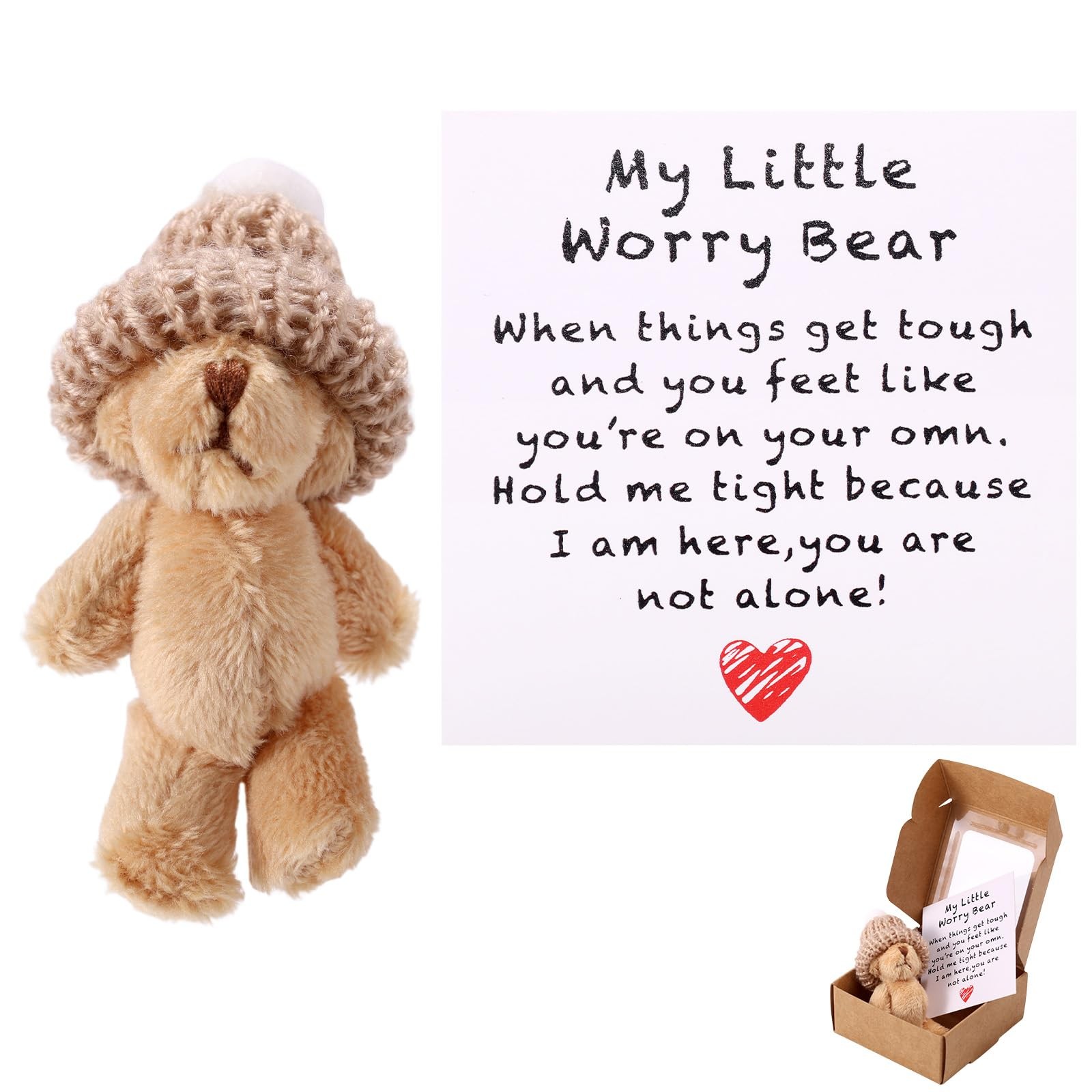 Mini Plush Worry Bear with a Hat, Handmade Positive Small Plush Bear in a Box w