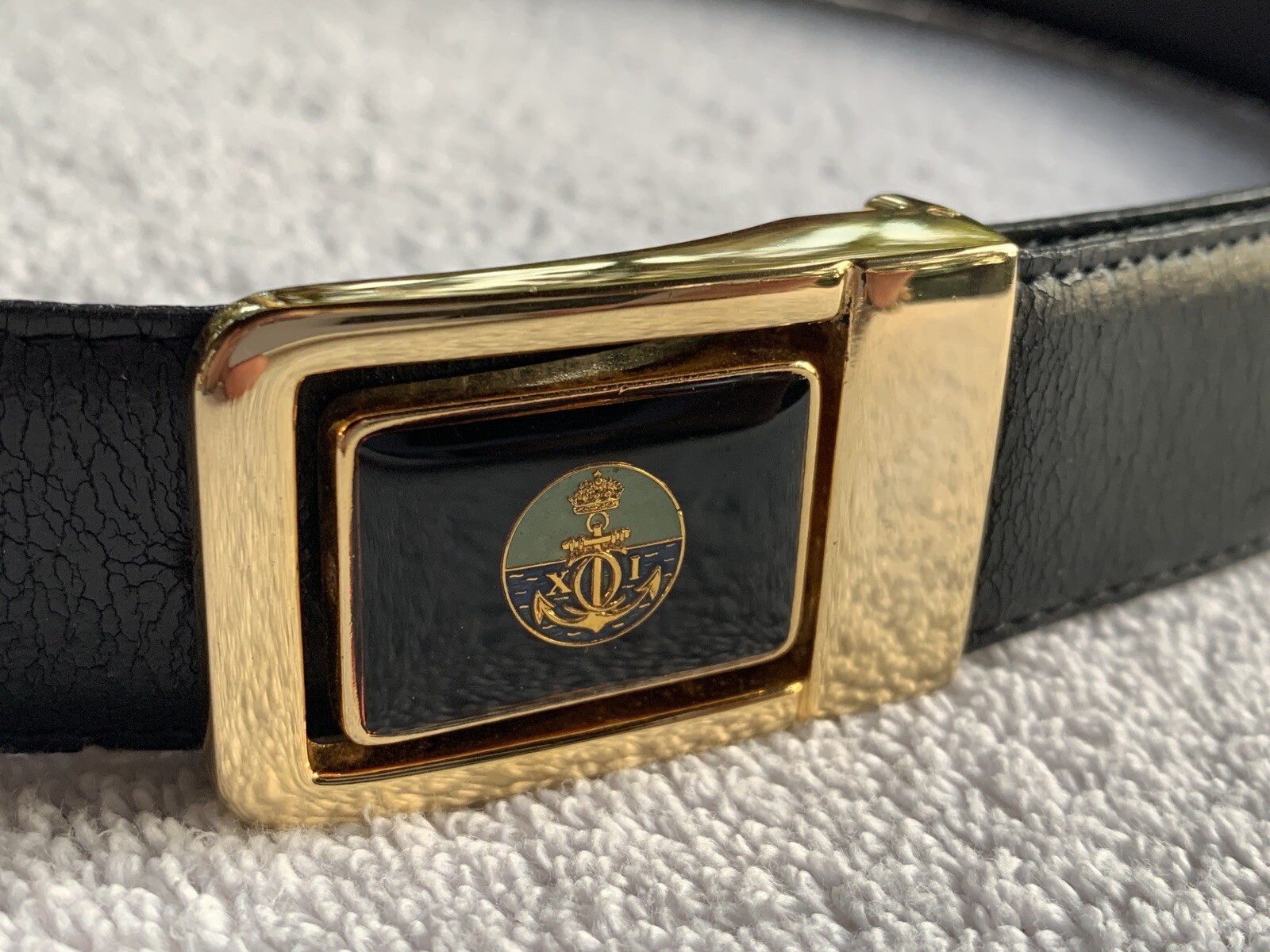 Sporrong Sweden Belt Mens 38 Gold Tone Enamel Buckle Swedish Crown Crest Reverse Sporrong Sweden Belt Mens 38 Gold Tone Enamel Buckle Swedish Crown Crest Reverse