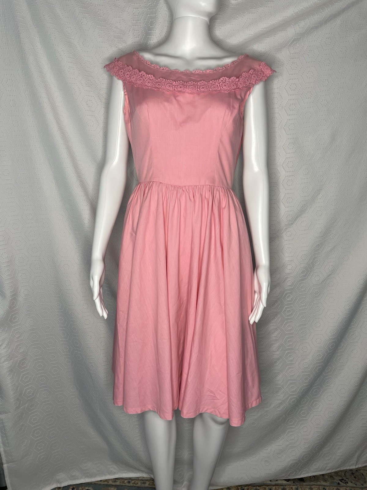Vtg 1950s Pink Cotton Dress Lace Trim Full Skirt S/M Sleeveless Homemade Demure Vtg 1950s Pink Cotton Dress Lace Trim Full Skirt S/M Sleeveless Homemade Demure