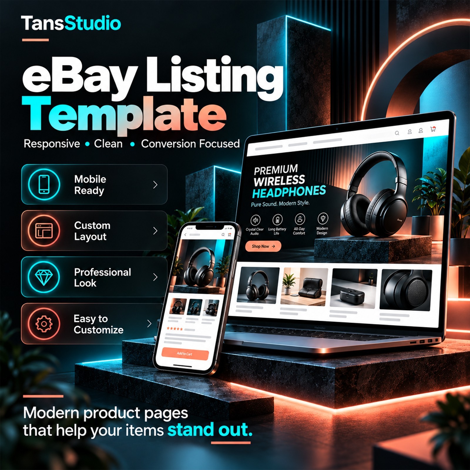 eBay Store Branding, Listing Template Design & Video Ads Package, dark neon