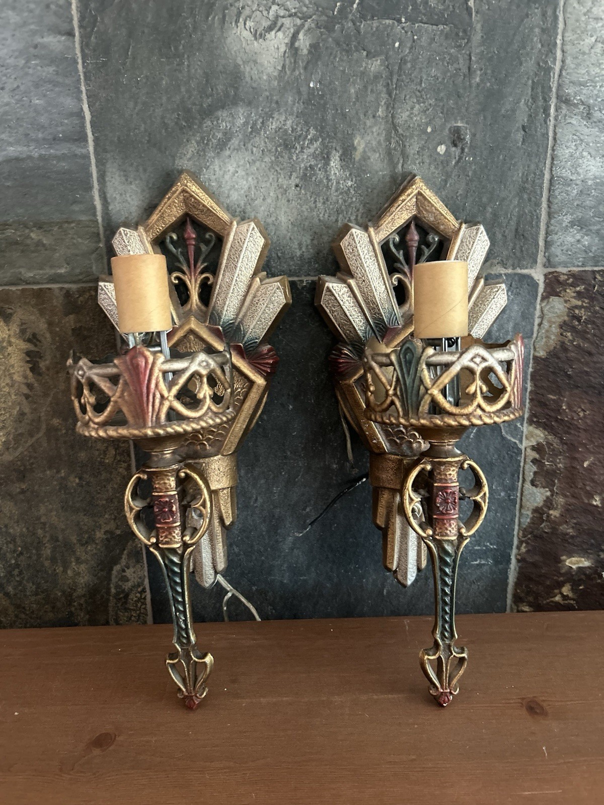 Art Kast Art Deco Skyscraper Metal Torch Wall Sconces 413 Vintage 1930s Pair 2