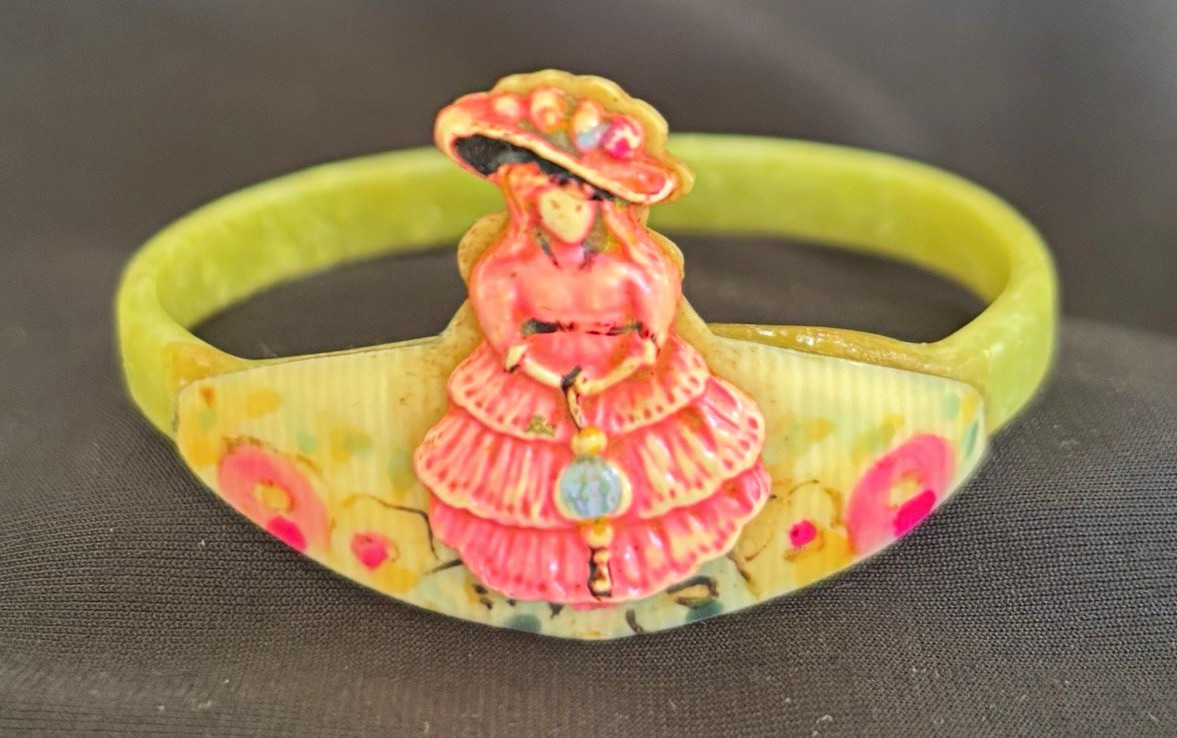 1930s celluloid child’s bracelet rare find Lady in Pink Dress 1930s celluloid child’s bracelet rare find Lady in Pink Dress