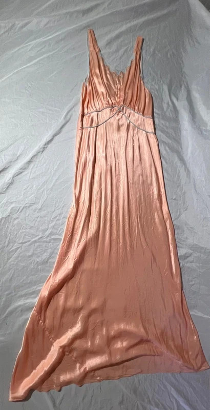 Vintage 1930s 1940s Peach Satin Nightgown Embroidered Blue Trim Bias Gown