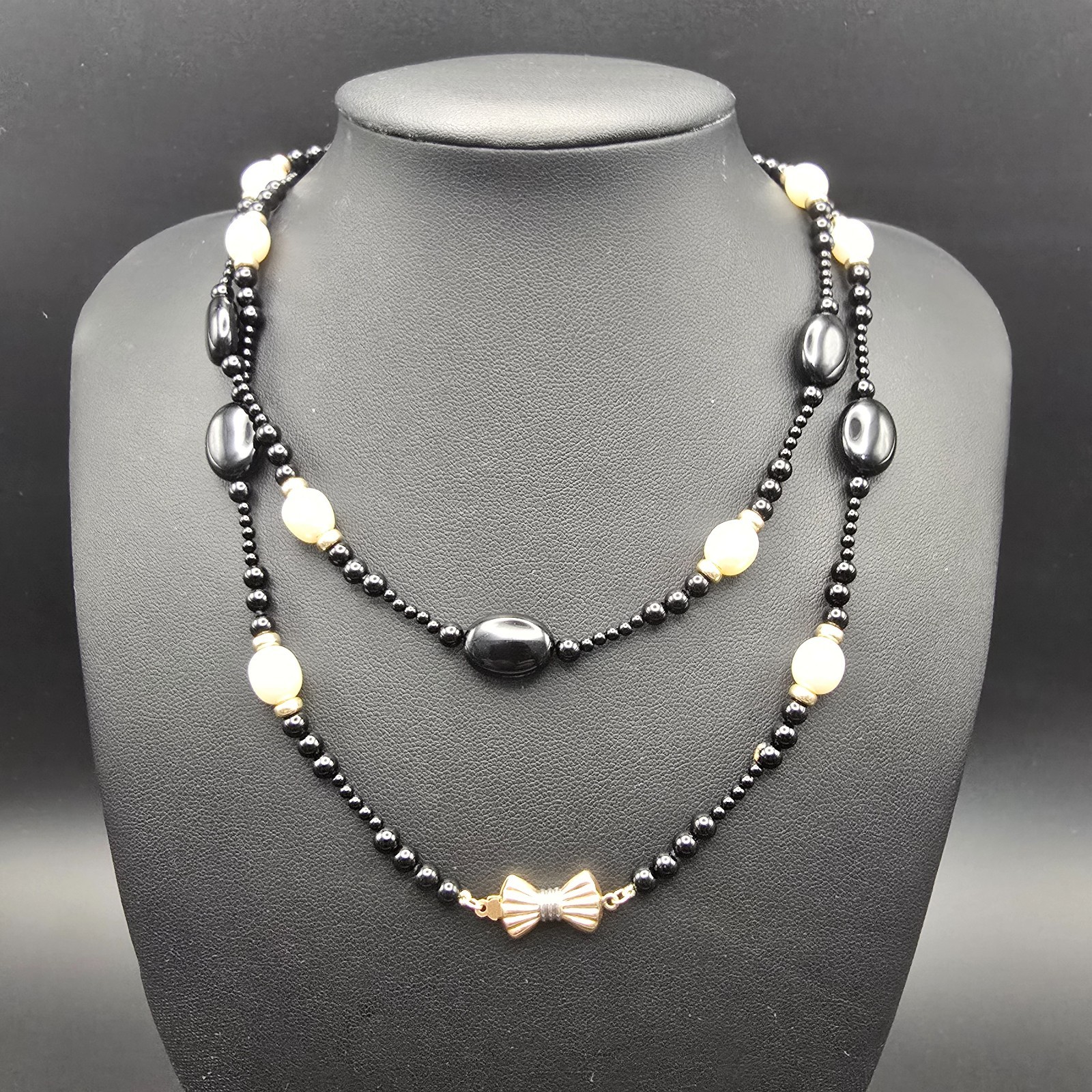 14K Gold Black Onyx Freshwater Pearl Strand Necklace 32\