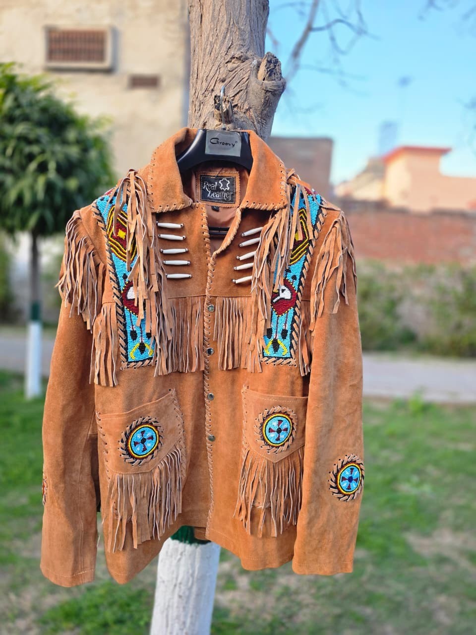 Men’s Western Suede Leather Fringe Jacket Beaded Cowboy Native Style Coat