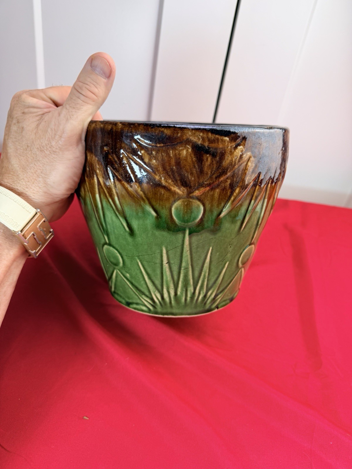 Vtg RRP Co Robinson Ransbottom Sun Moon Jardiniere Planter Green Brown 8”