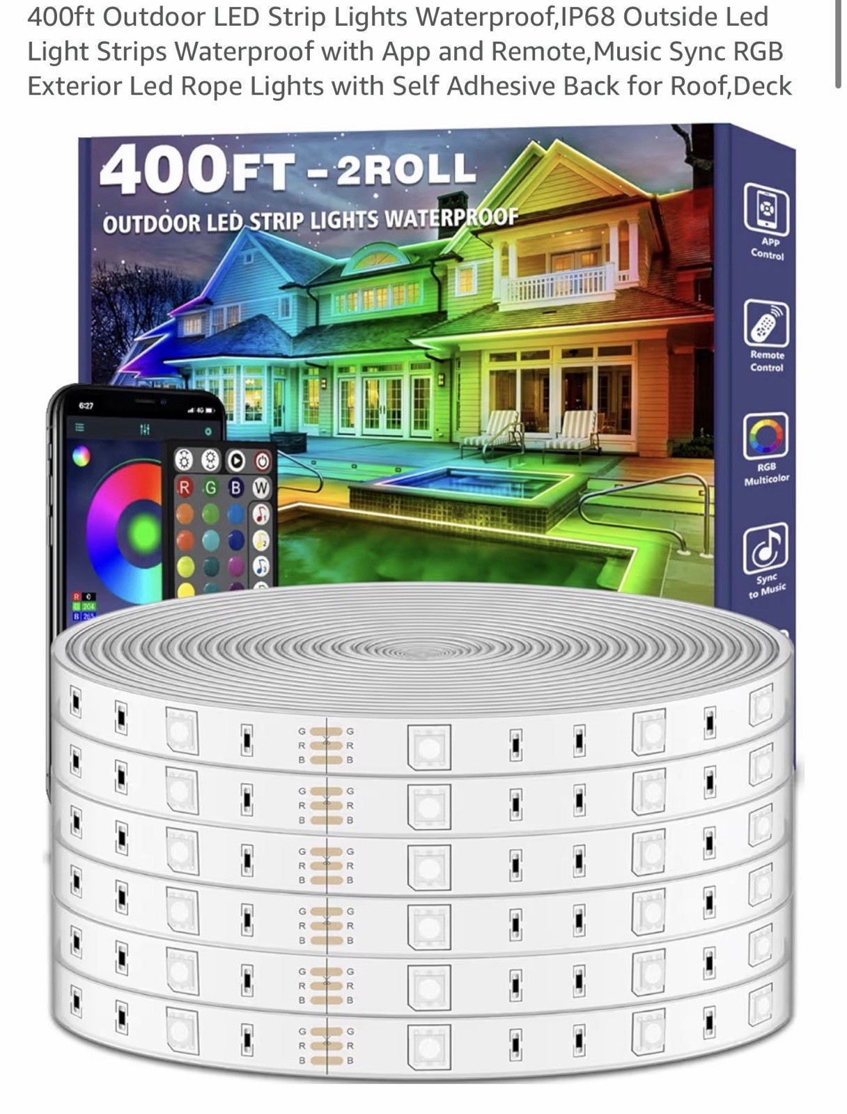 talkhigh 400ft Outdoor LED Strip Light Waterproof IP68 RGB Music Sync App Remote