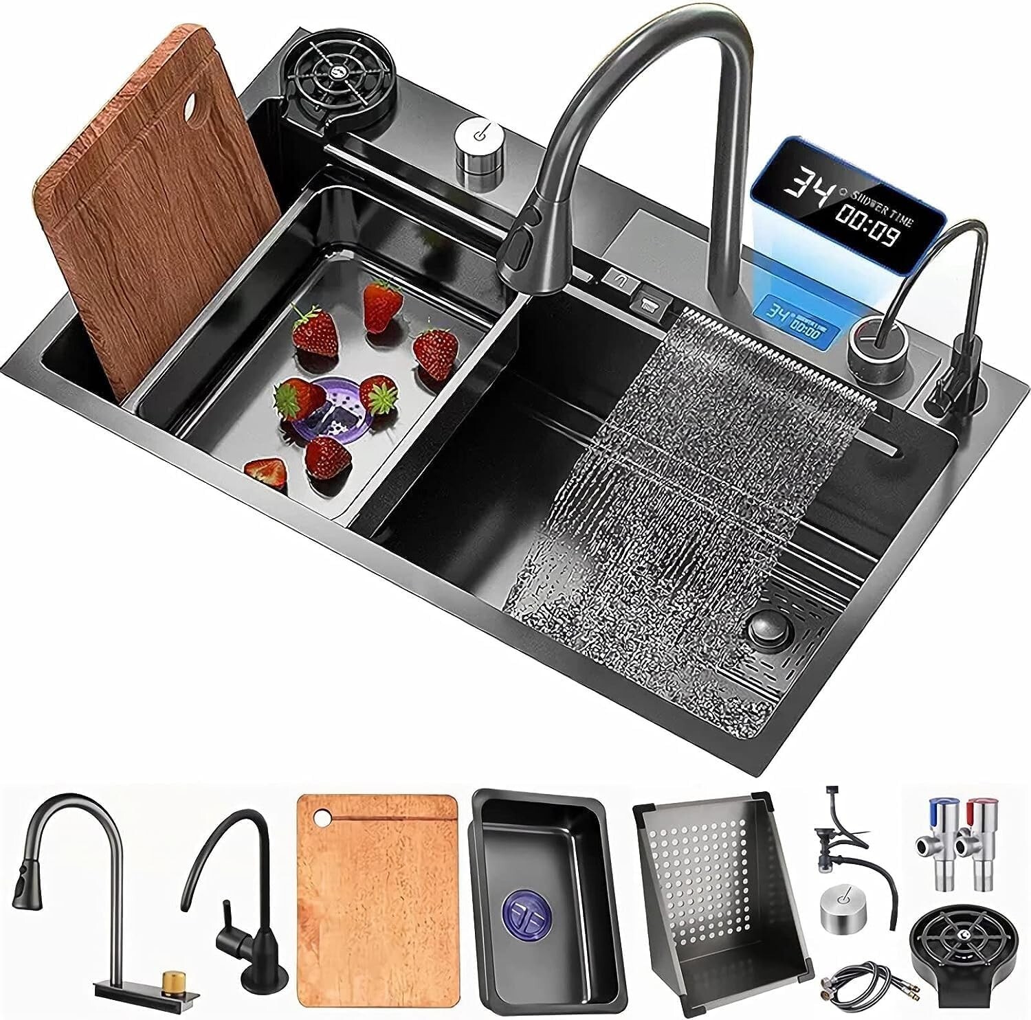 33x22 IN Flying Rain Stainless Steel Waterfall Kitchen Sink Digital Faucet Black 33x22 IN Flying Rain Stainless Steel Waterfall Kitchen Sink Digital Faucet Black