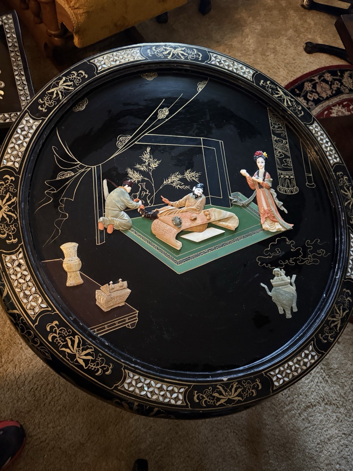 Asian Lacquered Wood Tea Table & 4 Stools, Soapstone/Mother of Pearl-Vintage 60s
