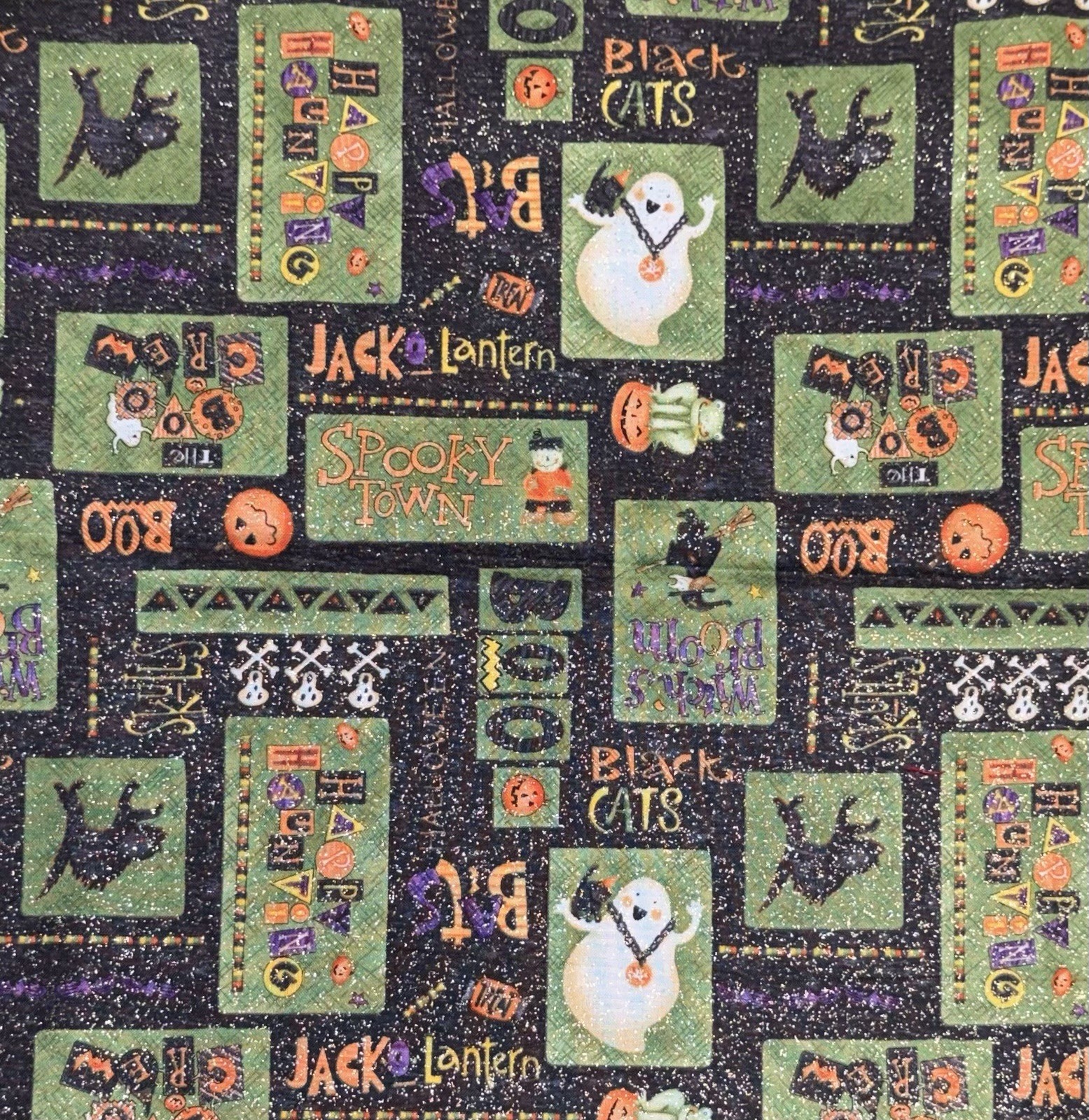 VTG Spooky Town Halloween Patchwork Glitter Fabric by Debbie Mumm, Half Yard