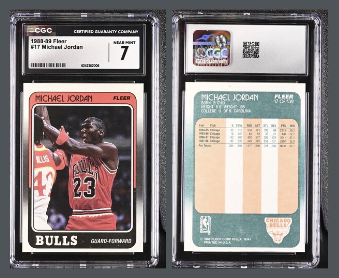 1988-89 Fleer Michael Jordan #17 Chicago Bulls CGC 7 NEAR MINT GOAT 1988-89 Fleer Michael Jordan #17 Chicago Bulls CGC 7 NEAR MINT GOAT