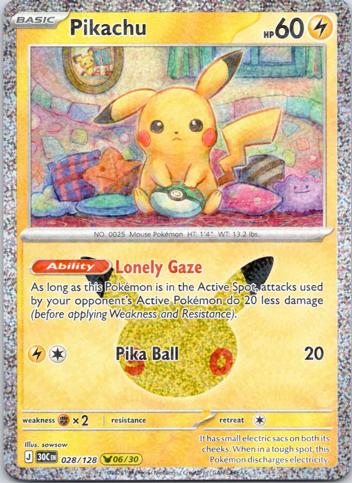 Pikachu 028/128 Holo Pikachu Rare ME: 30th Celebration Pokemon Near Mint