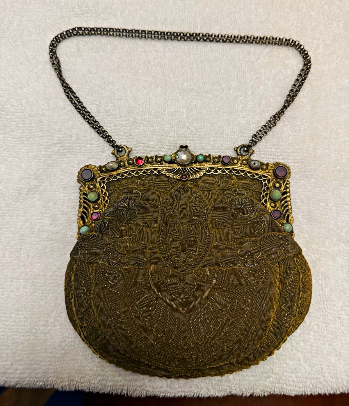 Lutz & Weiss Art Nouveau Edwardian 1900s Silver Silk Evening Bag w/ Gems Lutz & Weiss Art Nouveau Edwardian 1900s Silver Silk Evening Bag w/ Gems