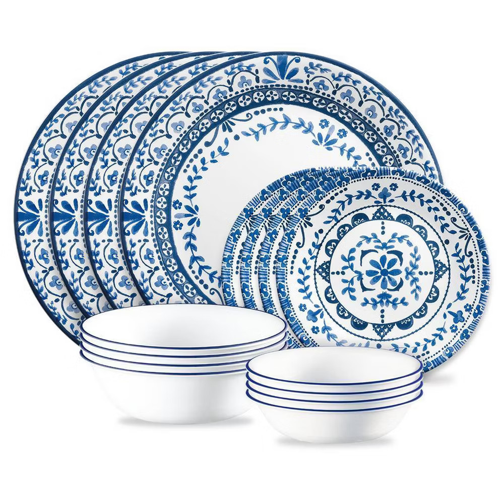 Corelle 16pc Vitrelle Portofino Dinnerware Set: White Floral Botanical Pattern