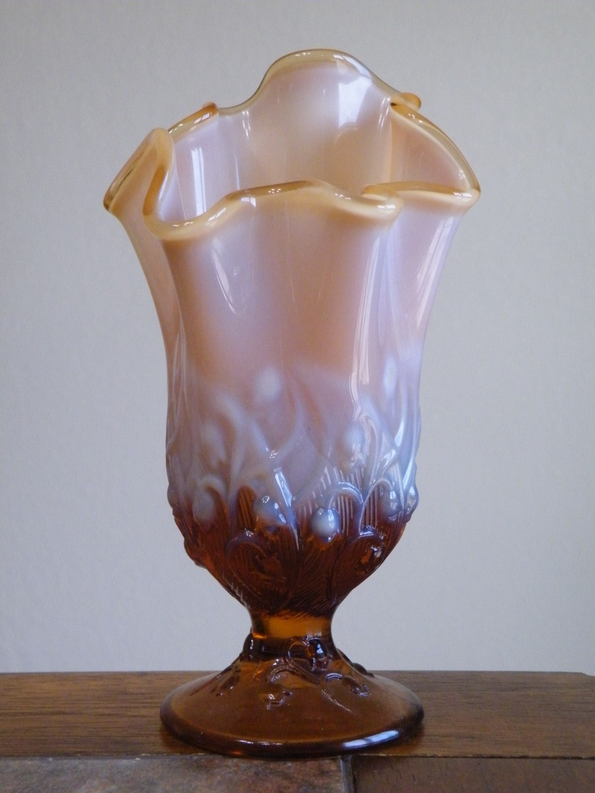 Vintage Fenton Lily of the Valley Cameo Handkerchief Vase Amber Opalescent 7 Vintage Fenton Lily of the Valley Cameo Handkerchief Vase Amber Opalescent 7