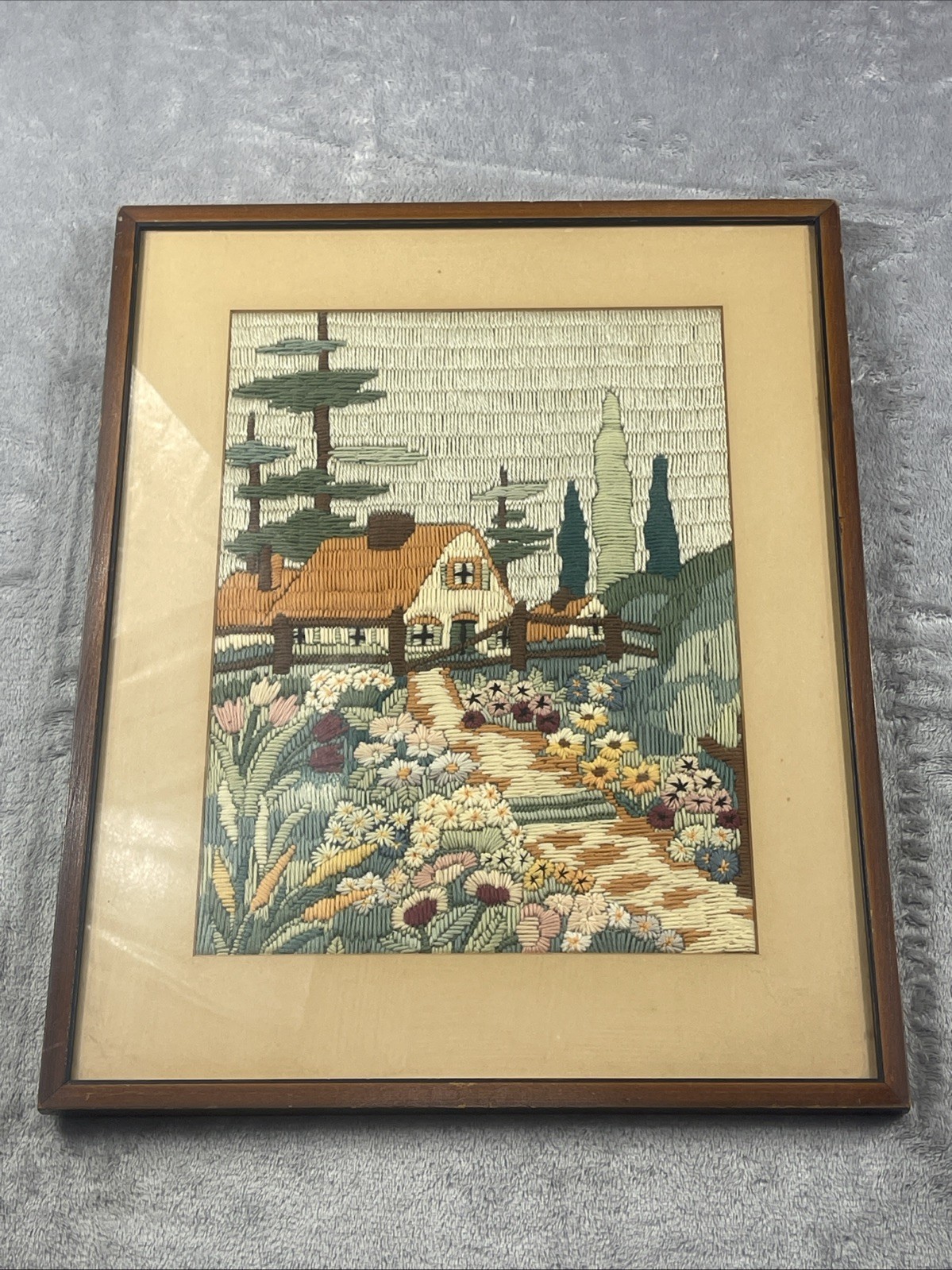 Antique 1920s Framed Crewel Embroidery Cottage among Flowers 18”x14.5” Antique 1920s Framed Crewel Embroidery Cottage among Flowers 18”x14.5”