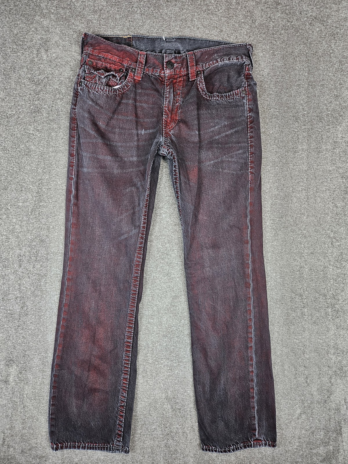 True Religion Straight Big T Jeans Mens 33 (34x33) Red Faded Flap Pockets True Religion Straight Big T Jeans Mens 33 (34x33) Red Faded Flap Pockets