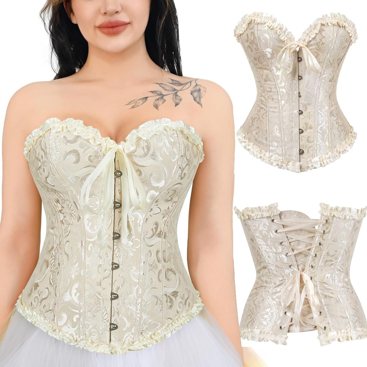 Women's Gothic Lace Up Boned Bustier Corset Overbust Burlesque Top Waist Cincher