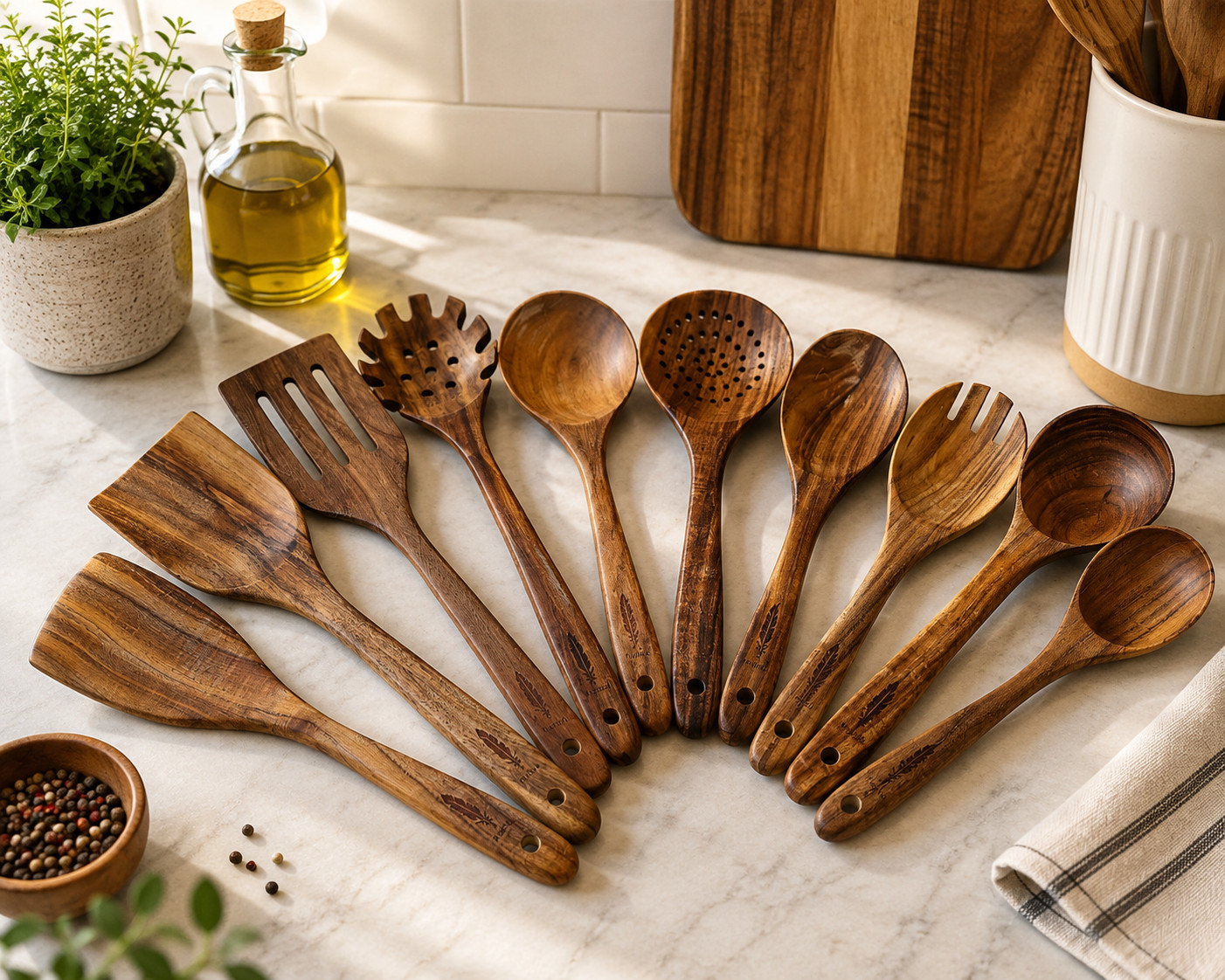 Raw Unfinished Montuk 10-Piece Teak Wood Cooking Utensils Set – Natural, Uncoate
