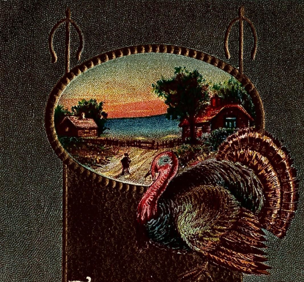 c1915 THANKSGIVING GREETINGS TURKEY PUMPKINS GRAIN FARM FRUIT POSTCARD 20-171