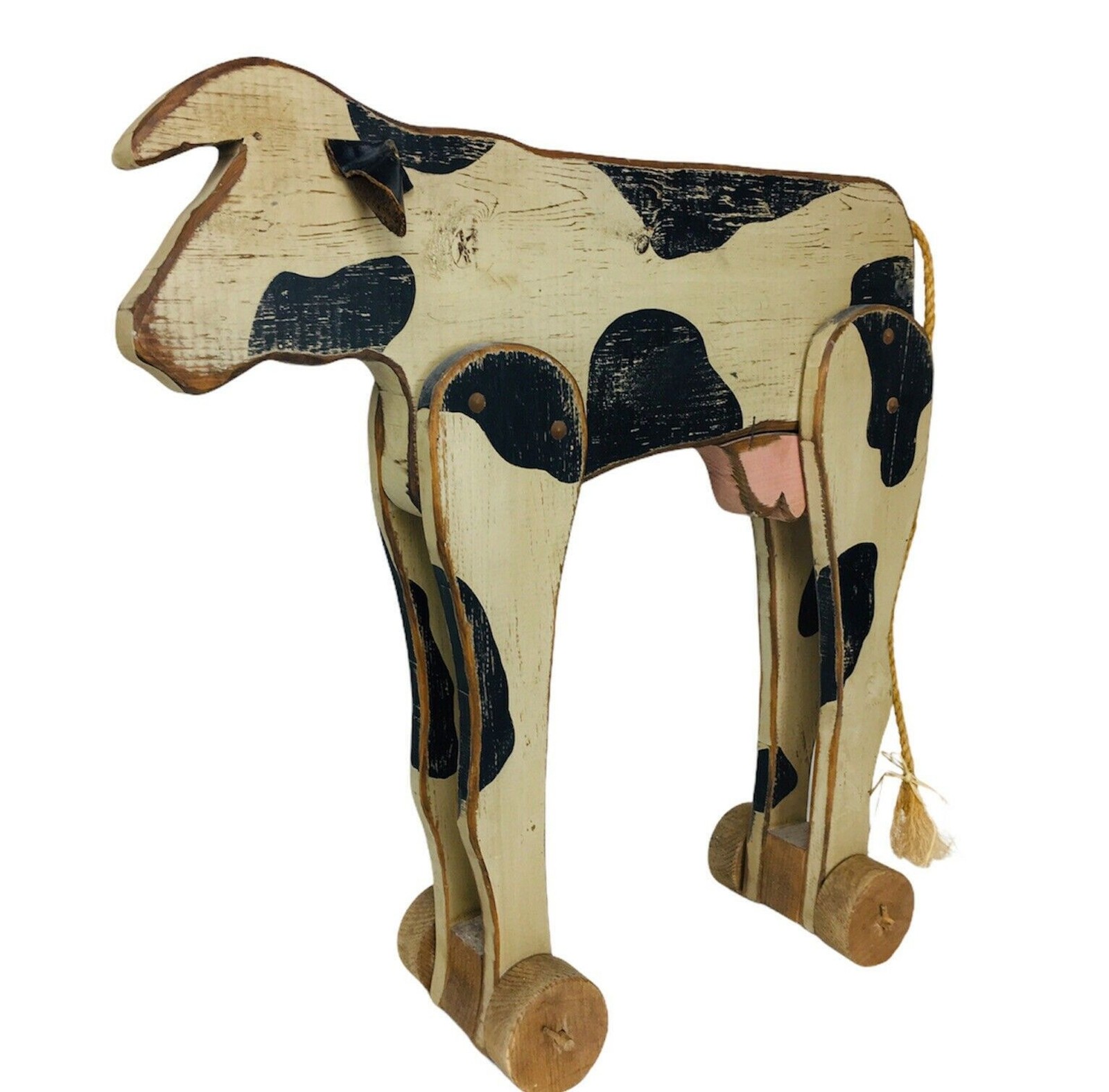 Vintage Farmhouse Folk Art Wooden Cow Roller Pull Toy Leather Ears Straw Tail