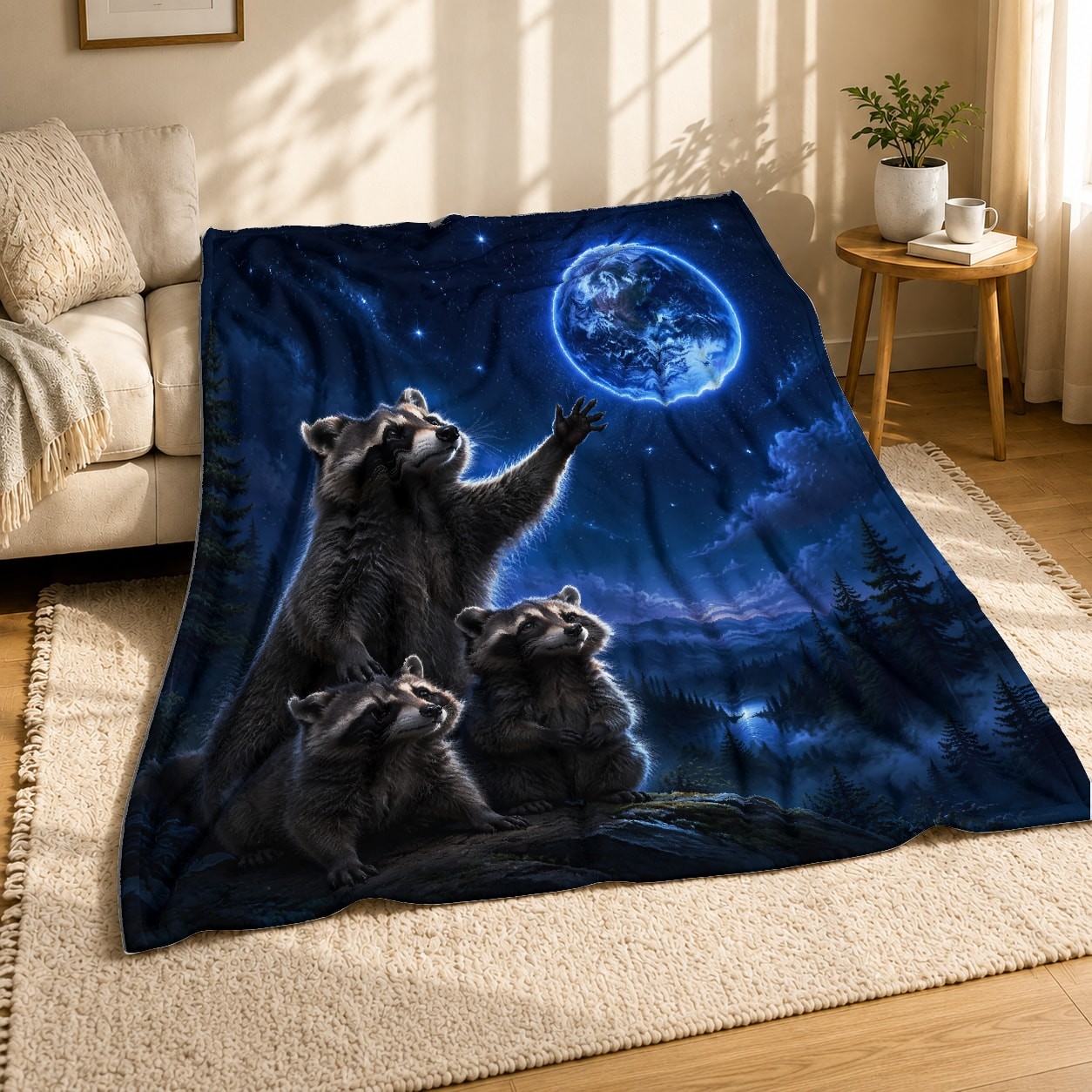 Moonlit Raccoon Family Coral Fleece Blanket Woodland Animal Decor
