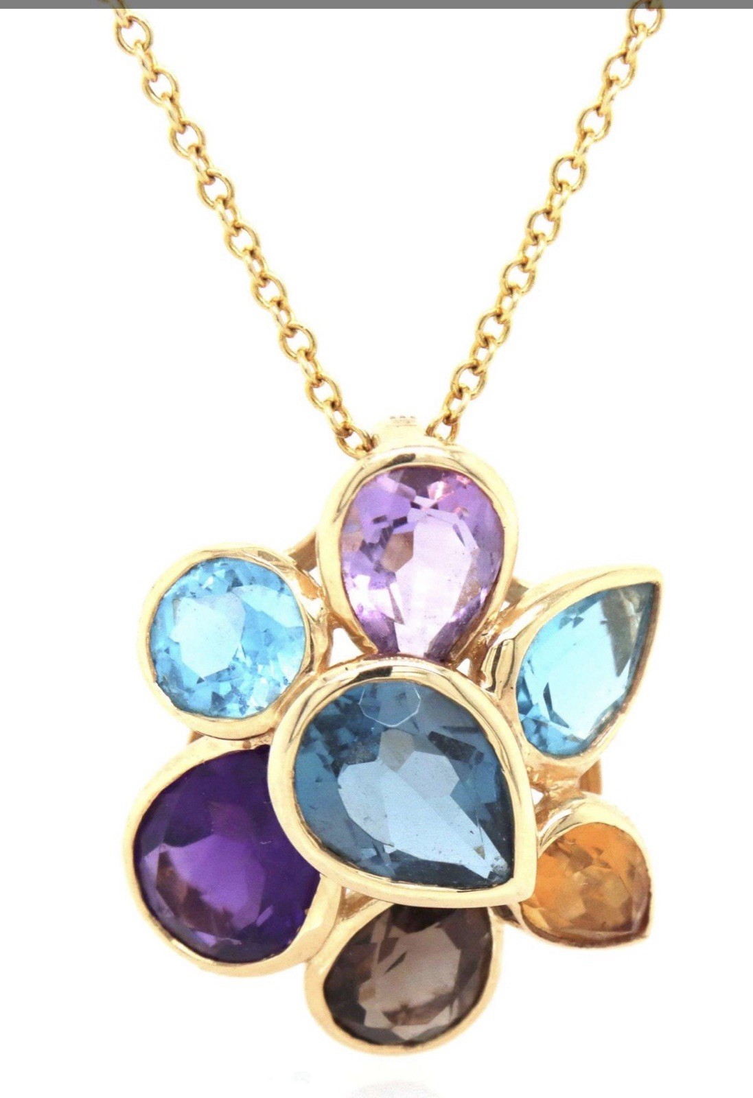 MULTI GEM 14KT YELLOW GOLD CLUSTER FLOWER FLOATING PENDANT NATURAL STONES
