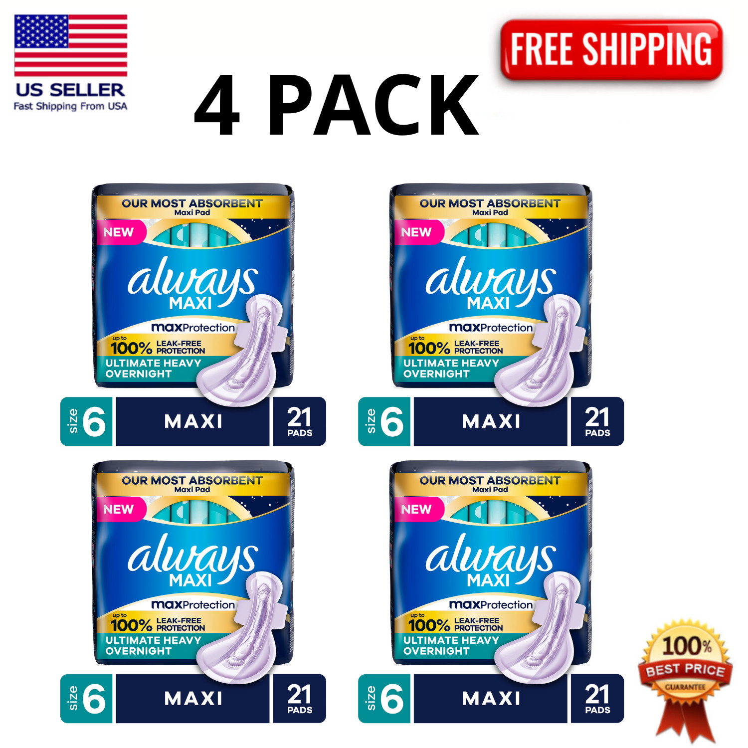 (4 pack) Always Maxi Overnight Pads with Wings, Size 6, 21 (4 pack) Always Maxi Overnight Pads with Wings, Size 6, 21