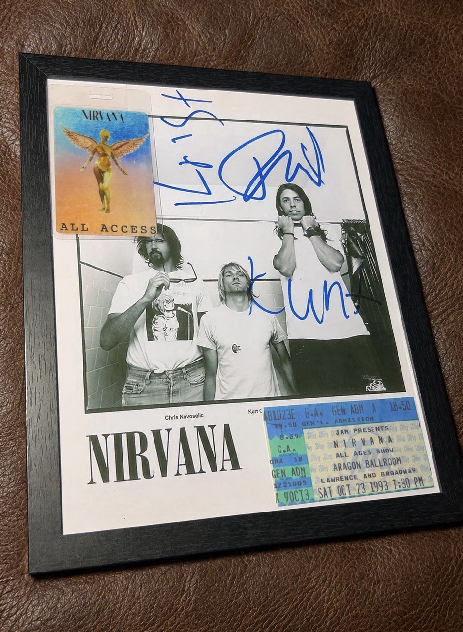 Nirvana Signed Photo Reprint Framed w/ 1993 Ticket & Laminate Reprints Nirvana Signed Photo Reprint Framed w/ 1993 Ticket & Laminate Reprints