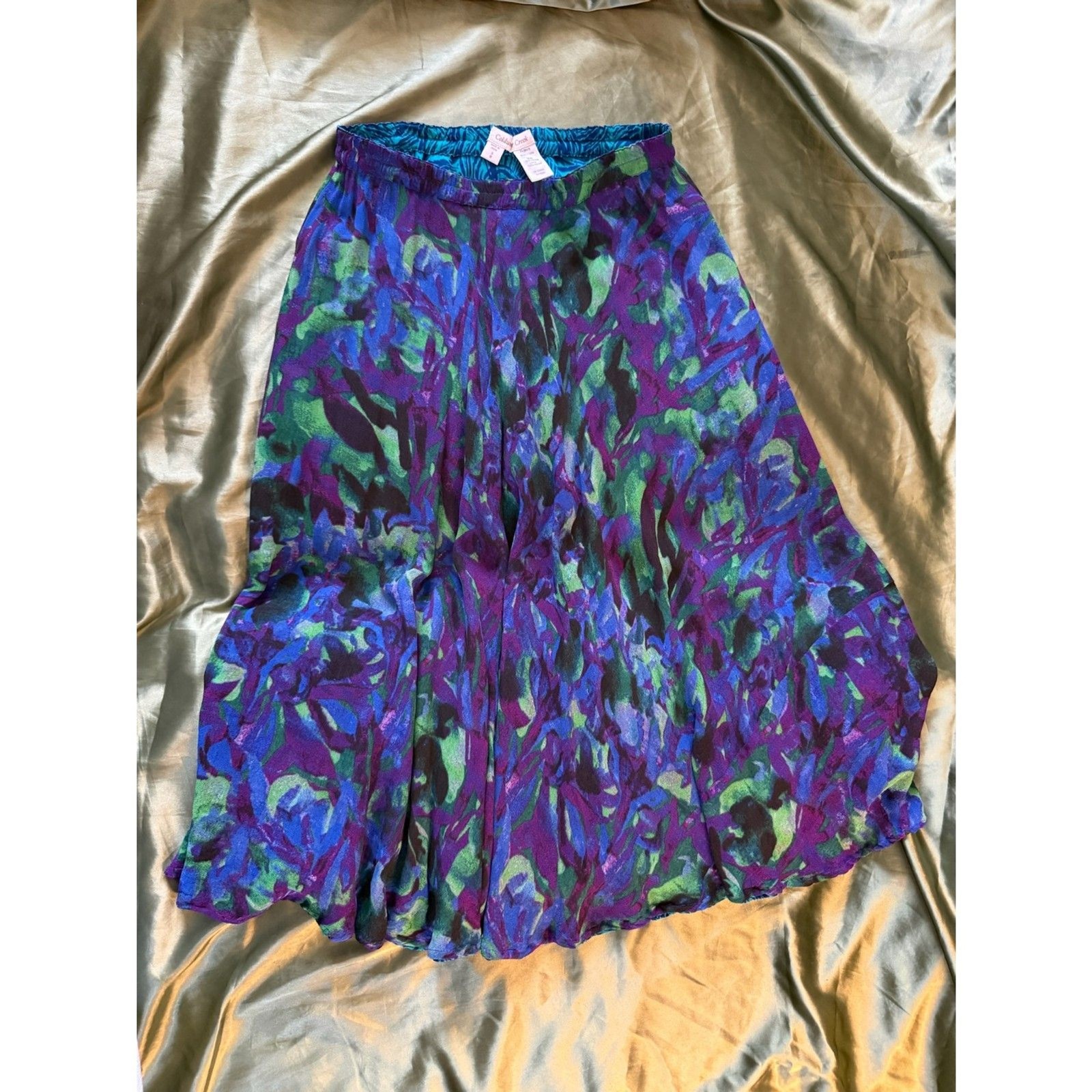 Coldwater Creek Reversible Abstract Watercolor & Micro Print Midi Skirt Sz S