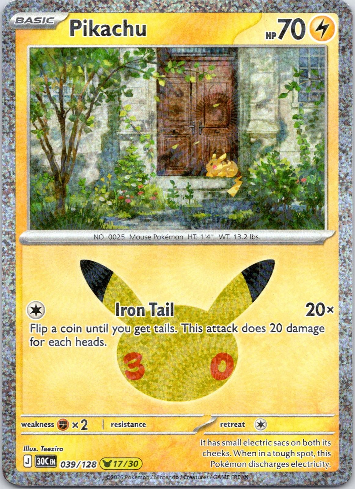 Pikachu 039/128 Holo Pikachu Rare ME: 30th Celebration Pokemon Near Mint Pikachu 039/128 Holo Pikachu Rare ME: 30th Celebration Pokemon Near Mint