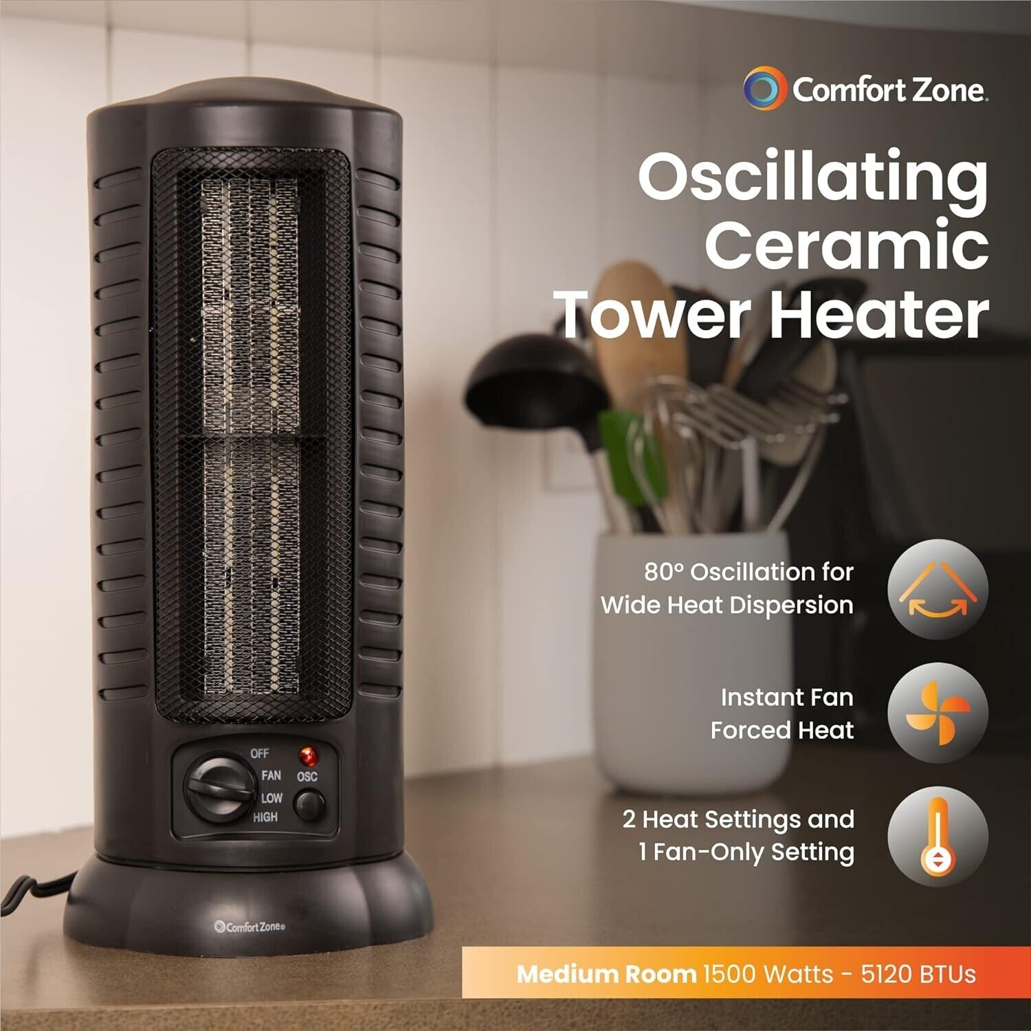 Comfort Zone CZ488 Ceramic Oscillating Mini-Tower Heater 150 sq ft - Black