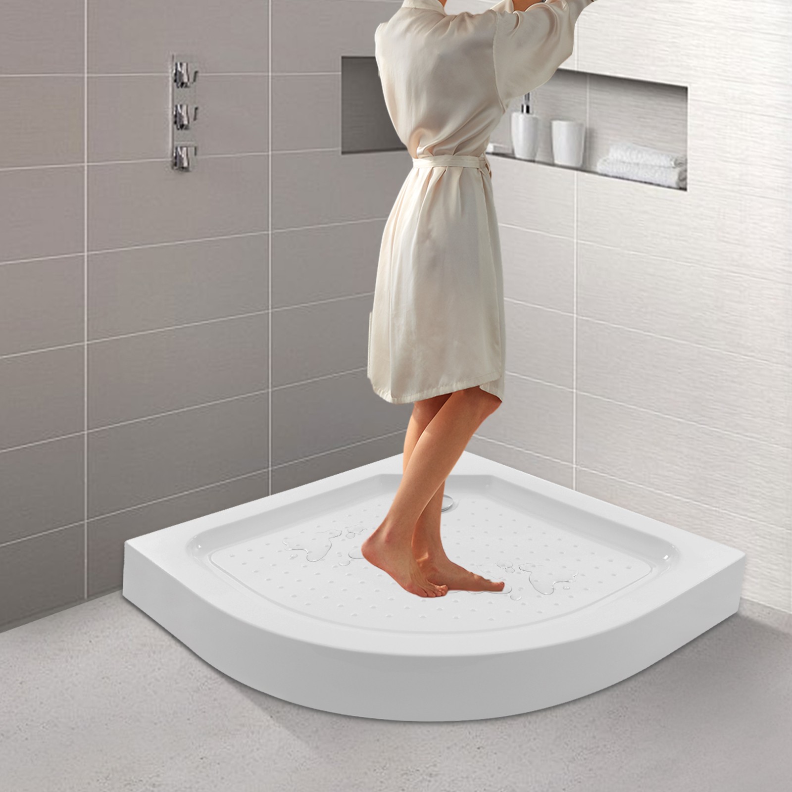 Fan-Shaped Acrylic Shower Base Adjust Height Corner Shower Pan White 33.5x5.5in