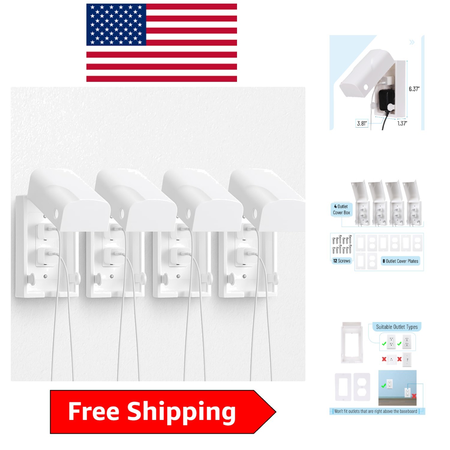 Bates Baby Safety Outlet Cover Box, 4-Pack - Secure Protection for Children