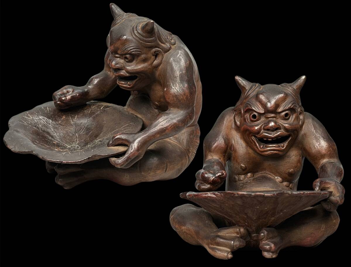 Antique Japanese Ko-Bizen Oni Incense Holder Lotus Leaf Edo Period w/ Box 11cm