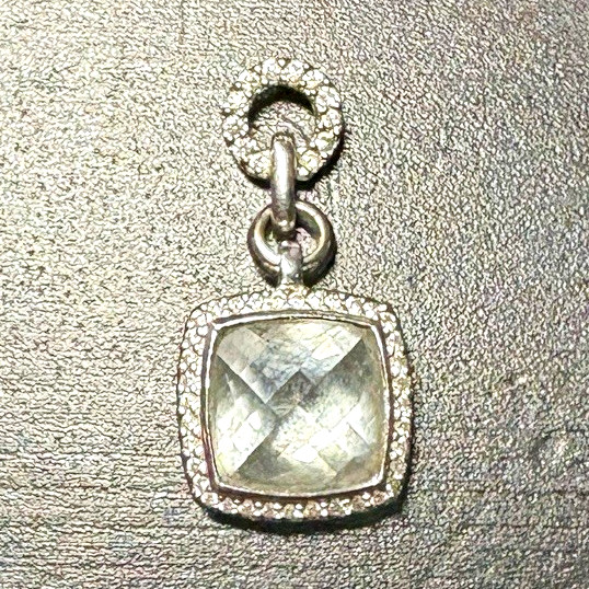 14k gold Square Natural Quartz and Diamond Bezel Set Dangle Charm Pendant