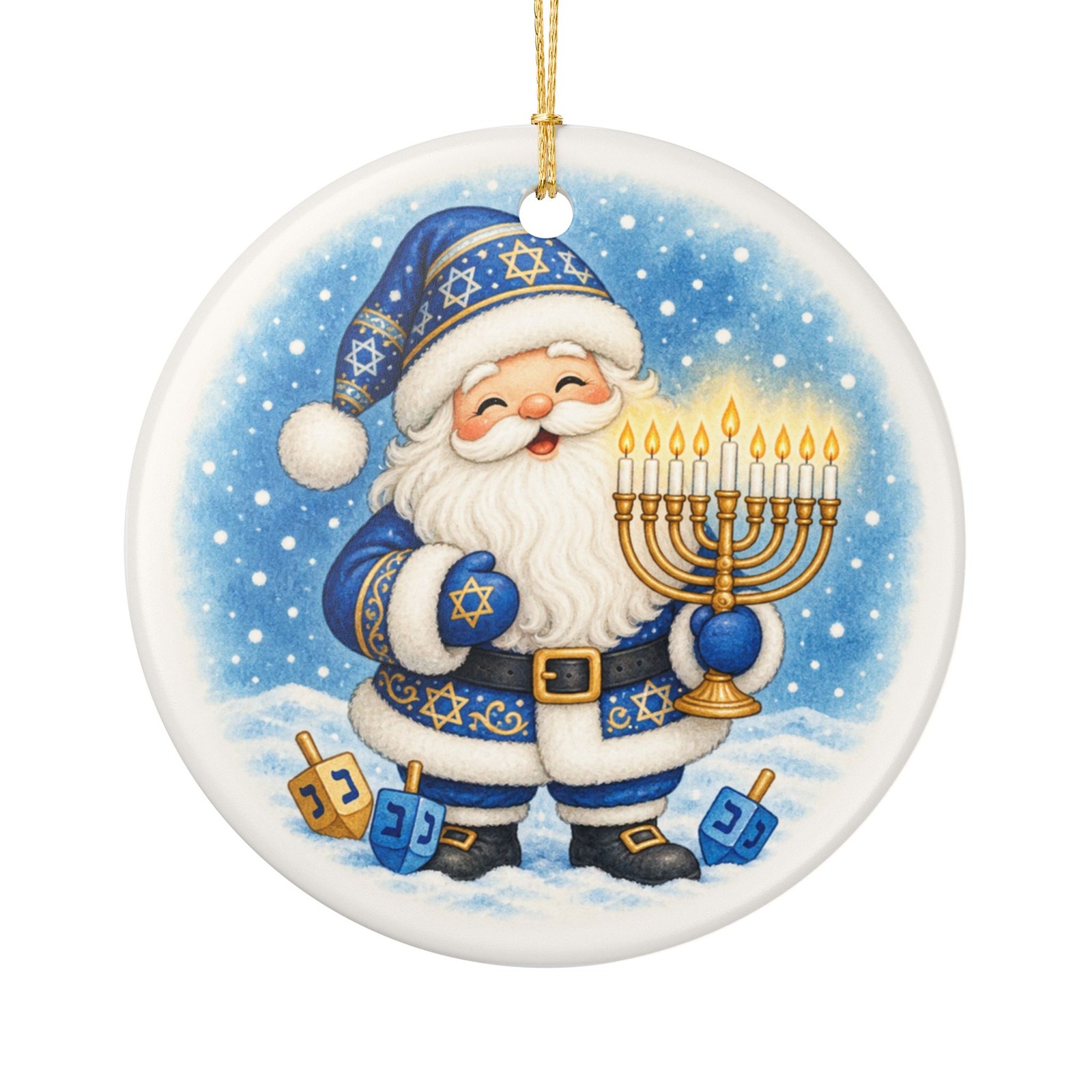 Hanukkah Santa Ornament, Menorah & Dreidel Jewish Holiday Decor