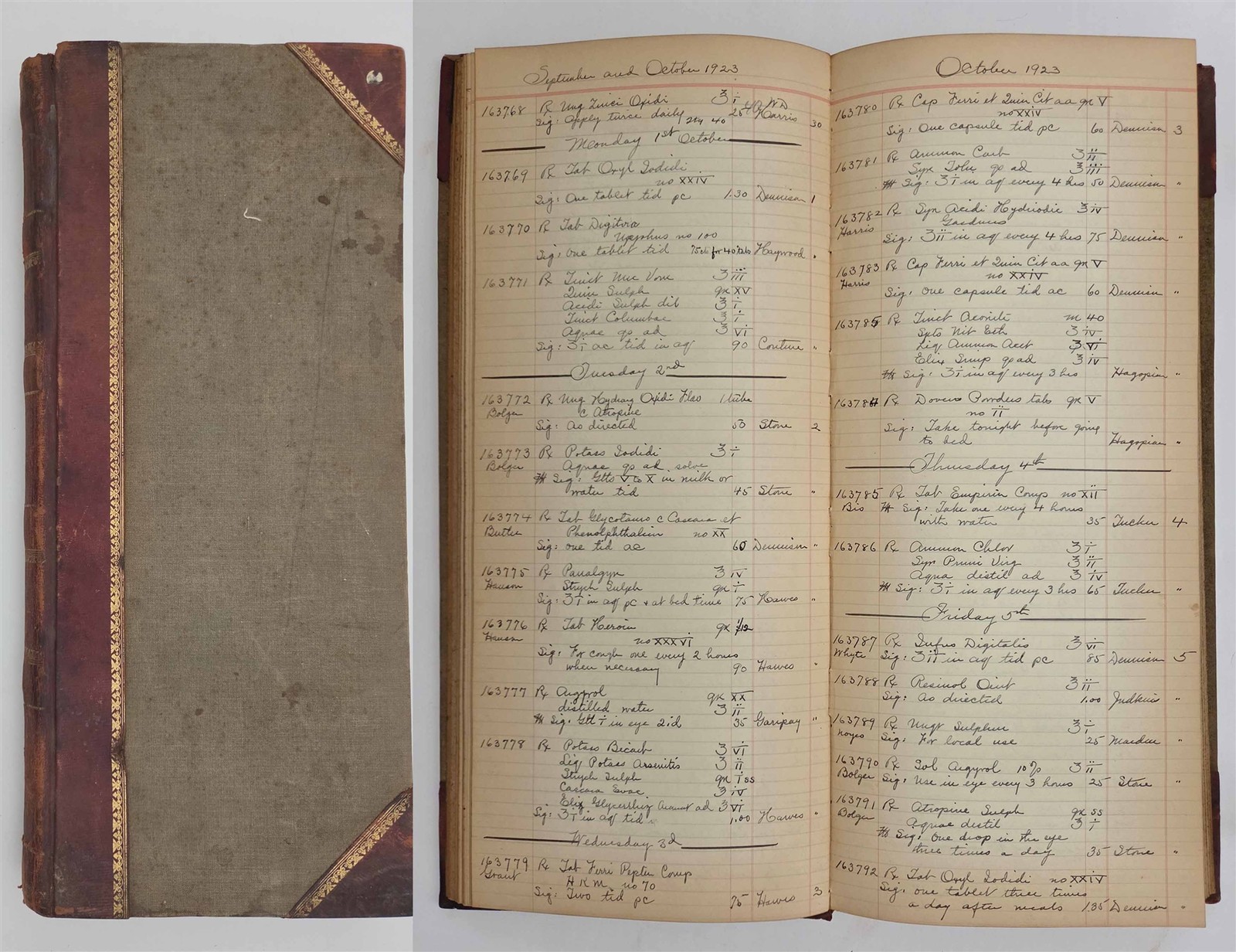 1923 antique PHARMACY PRESCRIPTION LEDGER lynn ma DRUGSTORE MEDICINE DOCTORS RX