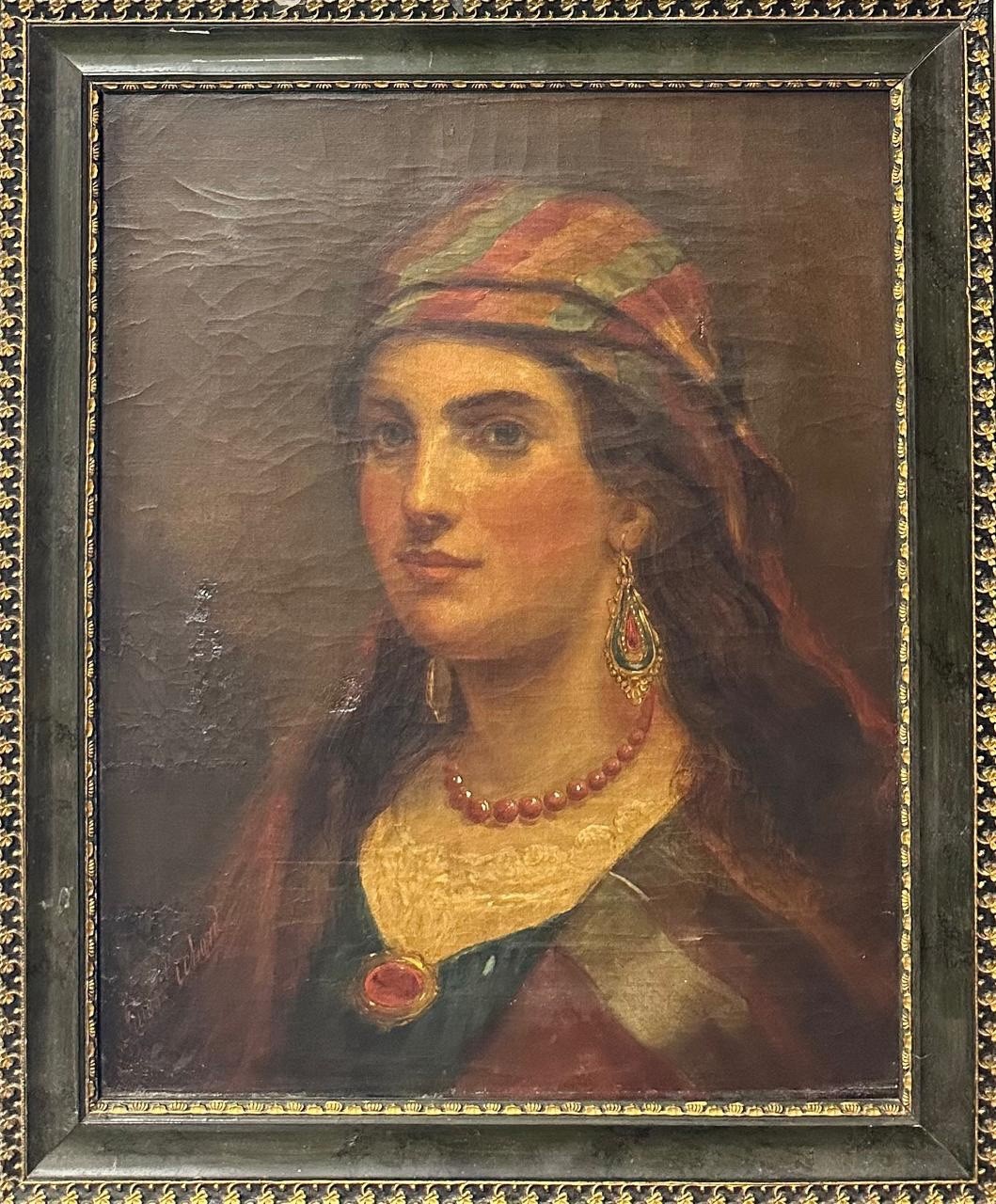 Jules Richard Portrait of a Girl in a Turban Antique Oil Painting Framed